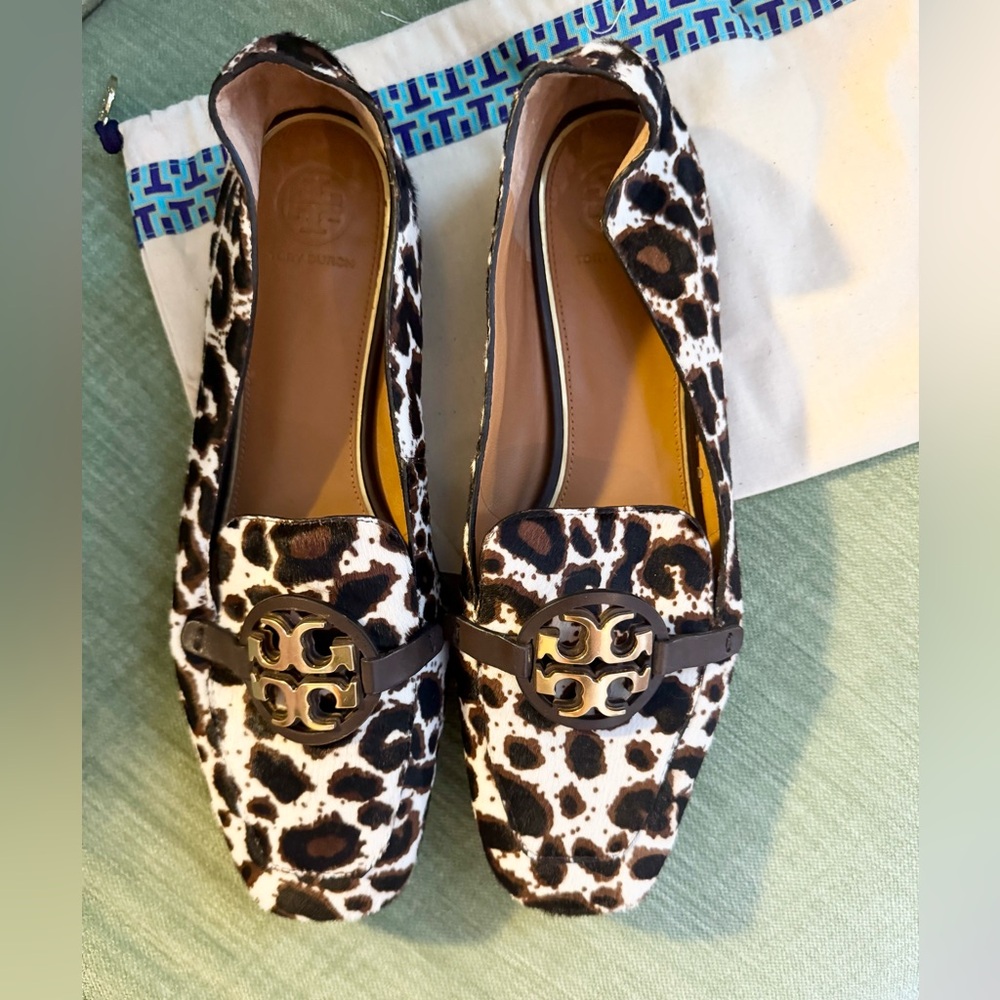 Tory Burch Black, Brown and White Animal Print Loafers with Gold Logo